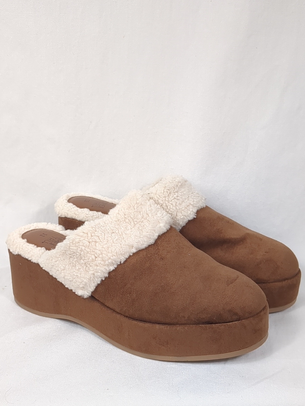 Time & Tru Wedge Faux Suede and Shearling Brown Clogs NWT